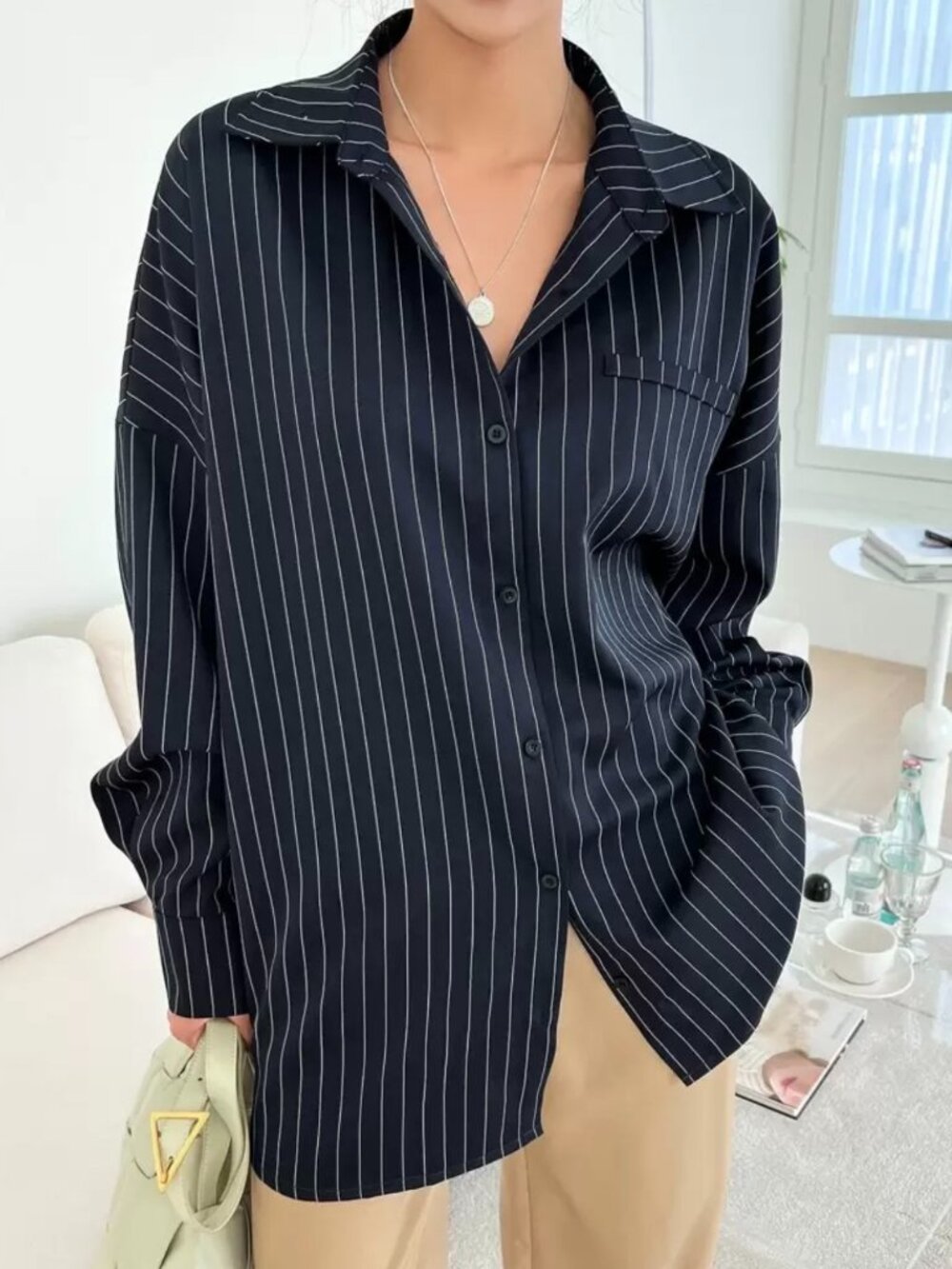 Dazy SHEIN Navy Blue Pinstripe Oversized Button Down Blouse XL